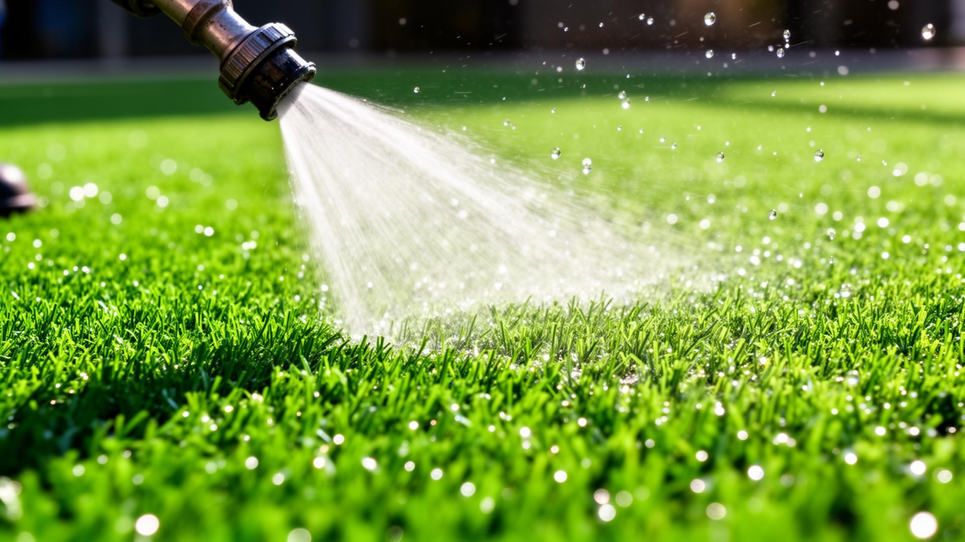 Professional cleaner spraying water onto vibrant artificial grass